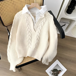 A women's chunky cable knit sweater in beige, featuring long sleeves and a cozy design suitable for winter fashion, displayed in a 2XL size.