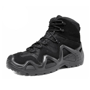 Black camouflage tactical hiking boots with military style and high ankle support, designed for outdoor activities and featuring synthetic rubber soles for durability and traction.