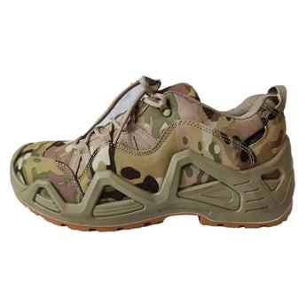 Camouflage tactical hiking boots featuring a military style design with high ankle support, predominantly brown in color, suitable for outdoor activities and walking.