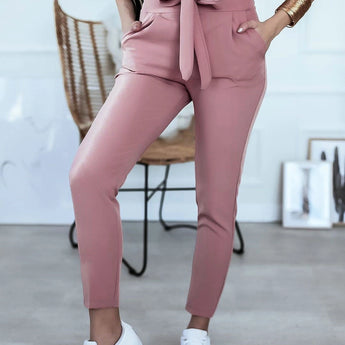 Pink tie-waist paperbag trousers in a casual chic comfort fit for women, showcasing a relaxed and stylish design with a flexible waist and roomy leg fit, suitable for size XL.