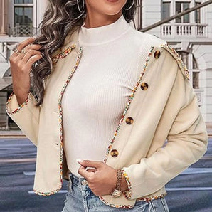 Casual Chic Beige Cropped Jacket with Contrast Trim & Buttons