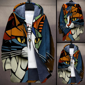 White hoodie with a unique artistic design of a cat face, featuring long sleeves and a comfortable jersey fabric.