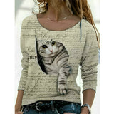 
A women's khaki long sleeve pullover sweater featuring a cozy French script design and a cute cat print, styled with a casual outfit including jeans. The sweater is available in size 5XL.