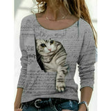 Gray cat print long sleeve pullover sweater for women featuring French script design on cozy fabric.