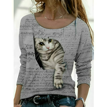 Gray cat print long sleeve pullover sweater for women featuring French script design on cozy fabric.