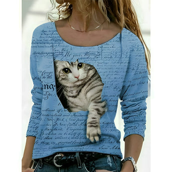 Blue Cat Print Long Sleeve Pullover Sweater for Women, featuring a cozy French script design with a white cat illustration on the front, shown in size 5XL.