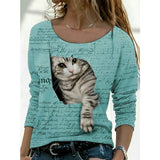 Green 5XL women's long sleeve pullover sweater featuring a cozy cat print design with French script on the front.