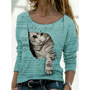 Green 5XL women's long sleeve pullover sweater featuring a cozy cat print design with French script on the front.