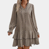 Women's khaki chain-link print long sleeve blouse in size 3XL, featuring a geometric shirt design with a classic collar and button-down front. The blouse has a stylish pattern that resembles tartan and is designed for a comfortable fit.