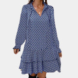 Women's blue chain-link print long sleeve blouse in size 3XL, featuring a geometric pattern and dress shirt style with a tailored fit.