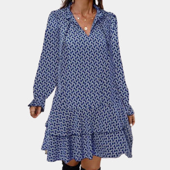 Women's blue chain-link print long sleeve blouse in size 3XL, featuring a geometric pattern and dress shirt style with a tailored fit.