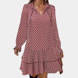 Red chain-link print long sleeve blouse in a geometric pattern for women, featuring a tailored fit with full-length sleeves and a classic neckline, available in size 3XL.
