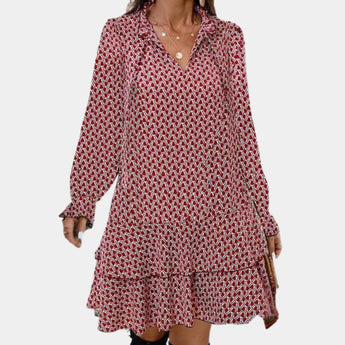Red chain-link print long sleeve blouse in a geometric pattern for women, featuring a tailored fit with full-length sleeves and a classic neckline, available in size 3XL.