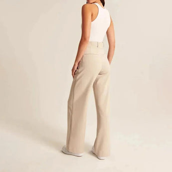 Charcoal gray high waist wide-leg trousers for women, showcasing the elegant drape and fit around the waist and thighs.