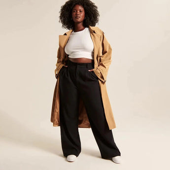 Charcoal gray high-waist wide-leg trousers for women, showcasing a chic and modern design with a flattering silhouette.