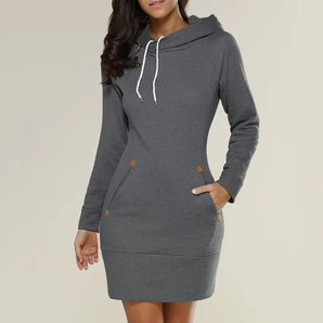 Charcoal Grey Women's Long Sleeve Hoodie Dress with Pockets