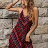 Chevron striped sleeveless V-neck skater dress in blue and orange, showcasing a casual summer fashion style with a focus on the neckline and shoulder area.