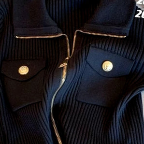 Chic Black Pleated Jacket with Gold Details - Luxury Women's Outerwear