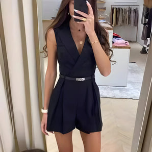 Chic black V-neck belted sleeveless romper in XXL, featuring a business casual style with emphasis on waist definition and a tailored fit.