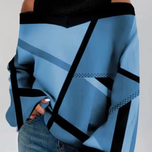 Chic Blue Geometric Off-Shoulder Sweater, Black Trim Knitwear