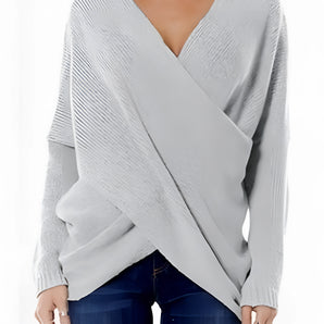 Chic Gray Wrap-Front V-Neck Asymmetrical Knit Sweater for Women