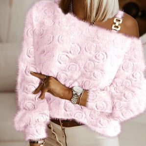 Chic Luxury Soft Pink Floral Embossed Women's Sweater
