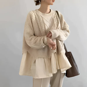 Chic Oversized Cream Cable Knit Sweater Dress with Pleated Hem