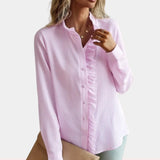 Elegant white long sleeve button-up blouse with ruffle detailing, shown in a rose shade, size 2XL. The blouse features a dress shirt style with a structured collar and tailored fit, highlighting the shoulder, neck, and waist areas.