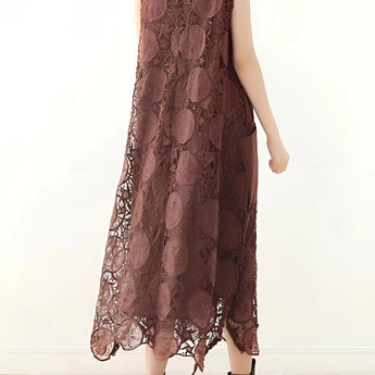 Chocolate brown floral sleeveless lace midi dress for women featuring a fitted waist and elegant floral pattern.