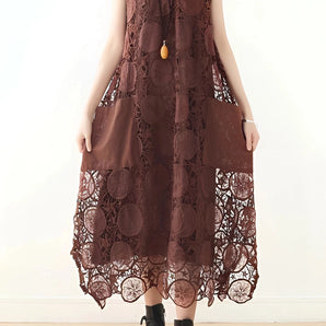 Chocolate brown floral sleeveless lace midi dress for women, featuring an elegant design with intricate lace details, suitable for summer wear.
