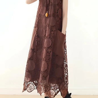Chocolate brown floral sleeveless lace midi dress for women, showcasing an elegant summer design with intricate lace detailing and a fitted waist.