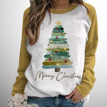 Women's Christmas Tree Sweatshirt in Gold, 3XL - Festive Holiday Pullover with Merry Christmas text and decorative tree design.