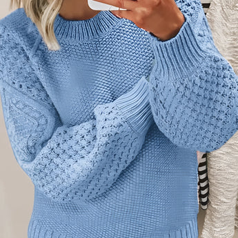 Azure Blue Chunky Knit Balloon Sleeve Sweater in 5XL, featuring a cozy oversized pullover design with prominent sleeves.