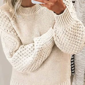 Cream oversized chunky knit sweater with balloon sleeves, designed for women.