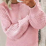 Pink chunky knit balloon sleeve sweater with an oversized fit, designed for women in size 5XL, featuring a loose pullover style with prominent sleeves and a comfortable neckline.