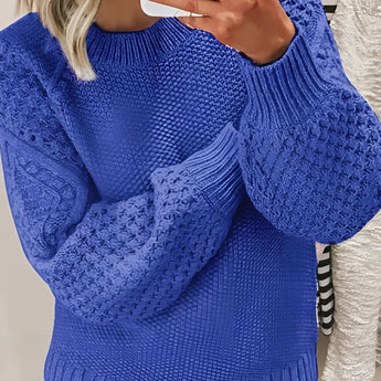 Cream-colored chunky knit sweater featuring balloon sleeves, shown in an oversized fit on a mannequin, showcasing the blue color variant in size 5XL.