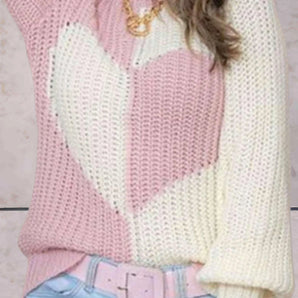 Chunky Knit Heart-Pattern Sweater - Pink & White Cozy Pullover