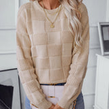 Chunky knit textured beige sweater for women in XL, featuring long sleeves and a cozy design ideal for autumn fashion.