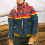 Color-block puffer jacket in dark blue, featuring a high-collar design, insulated material, and long sleeves; available in size 3XL.