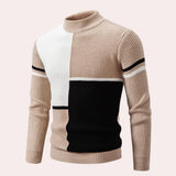 
A color-block turtleneck sweater featuring black, teal, and yellow stripes with long sleeves, suitable for outerwear. The variant shown is in wit khaki and size 3XL, made with woolen material.