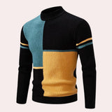 Color-block turtleneck sweater featuring black, teal, and yellow stripes with long sleeves, designed for a 3XL fit.