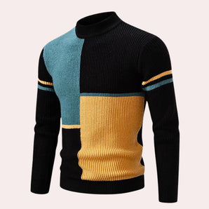 Color-block turtleneck sweater featuring black, teal, and yellow stripes with long sleeves, designed for a 3XL fit.