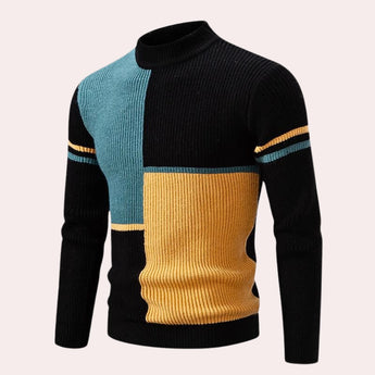 Color-block turtleneck sweater featuring black, teal, and yellow stripes with long sleeves, designed for a 3XL fit.