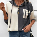 Gray and white color-block women's button-up hoodie with long sleeves, featuring a casual autumn fashion design in XL size.