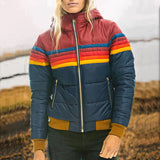Color-blocked women's multicolor puffer jacket with a standing collar and long sleeves, designed for stylish winter wear in a Blu Marino1 color, size 3XL.
