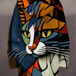 Colorful abstract cat sweater with artistic feline design, featuring vibrant tints and shades, an orange collar, long sleeves, and a unique pattern, in size 3XL.