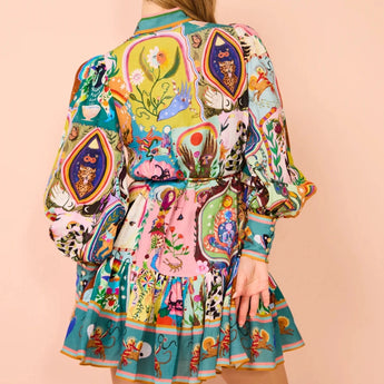 Colorful Bohemian Animal Print Mini Dress featuring vibrant and unique patterns with long sleeves and a stylish collar, perfect for a fashionable and artistic look.
