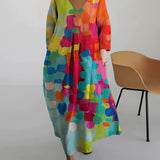 Colorful Bohemian Maxi Dress with abstract print, featuring a V-neck, short sleeves, and a fitted waist, available in multicolor and size 5XL.