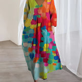 Colorful Bohemian Maxi Dress with an abstract print, featuring a V-neck and short sleeves.