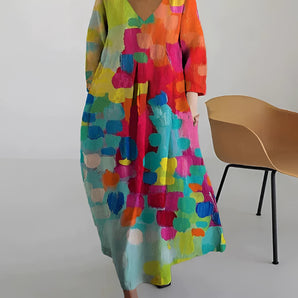 Colorful Bohemian V-Neck Maxi Dress - Abstract Print, Long Sleeve